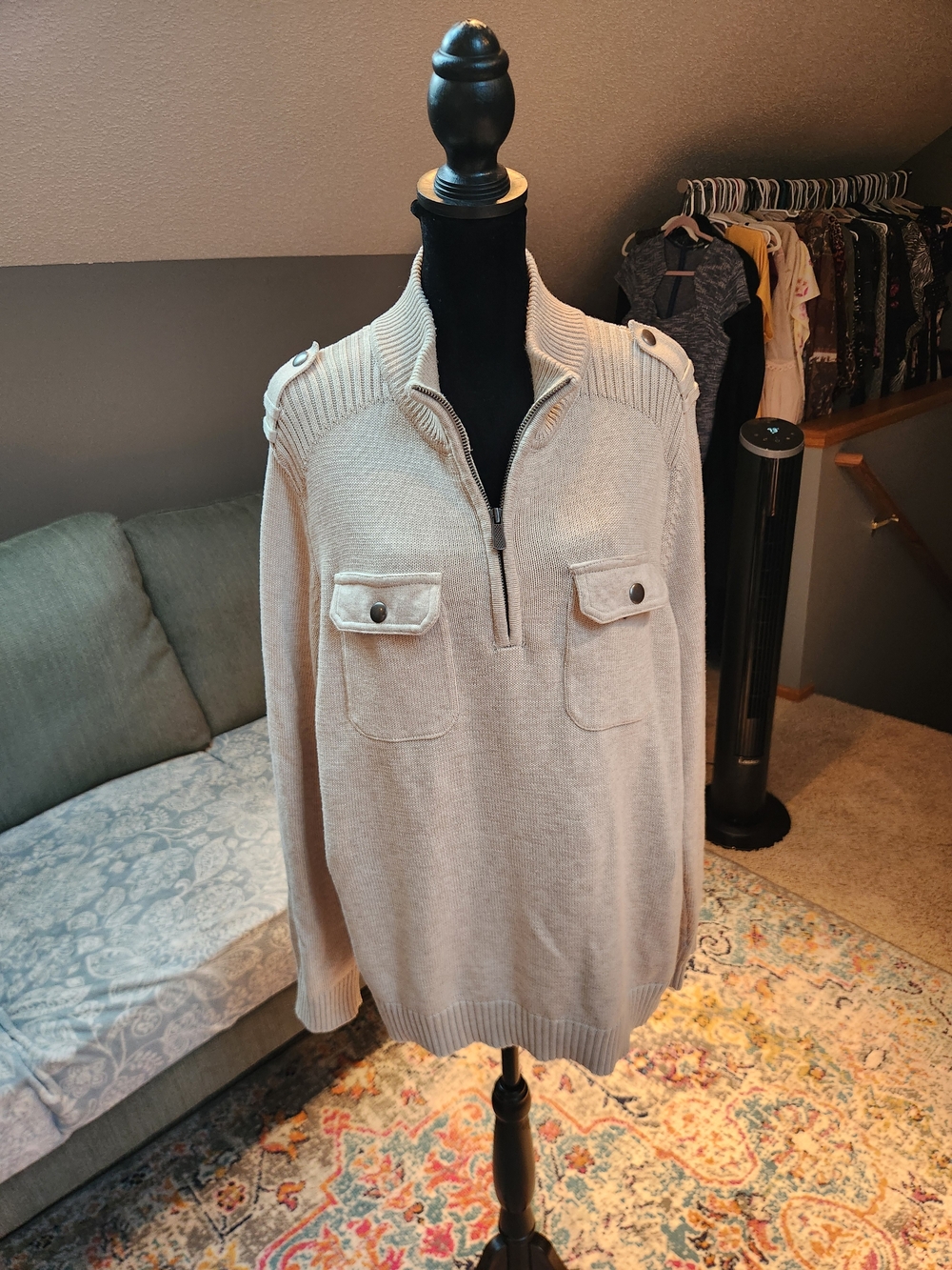 Apt 9 Men's Half-Zip Utility Sweater in Beige Large Good Condition Kohls Cotton